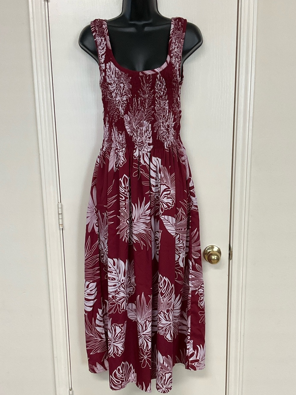 Rima Scoop Neck Maroon Floral Midi Dress with Smocked Bodice